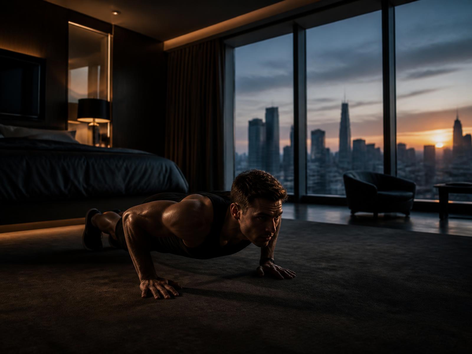 Traveller training with push-ups in a modern hotel room at dawn